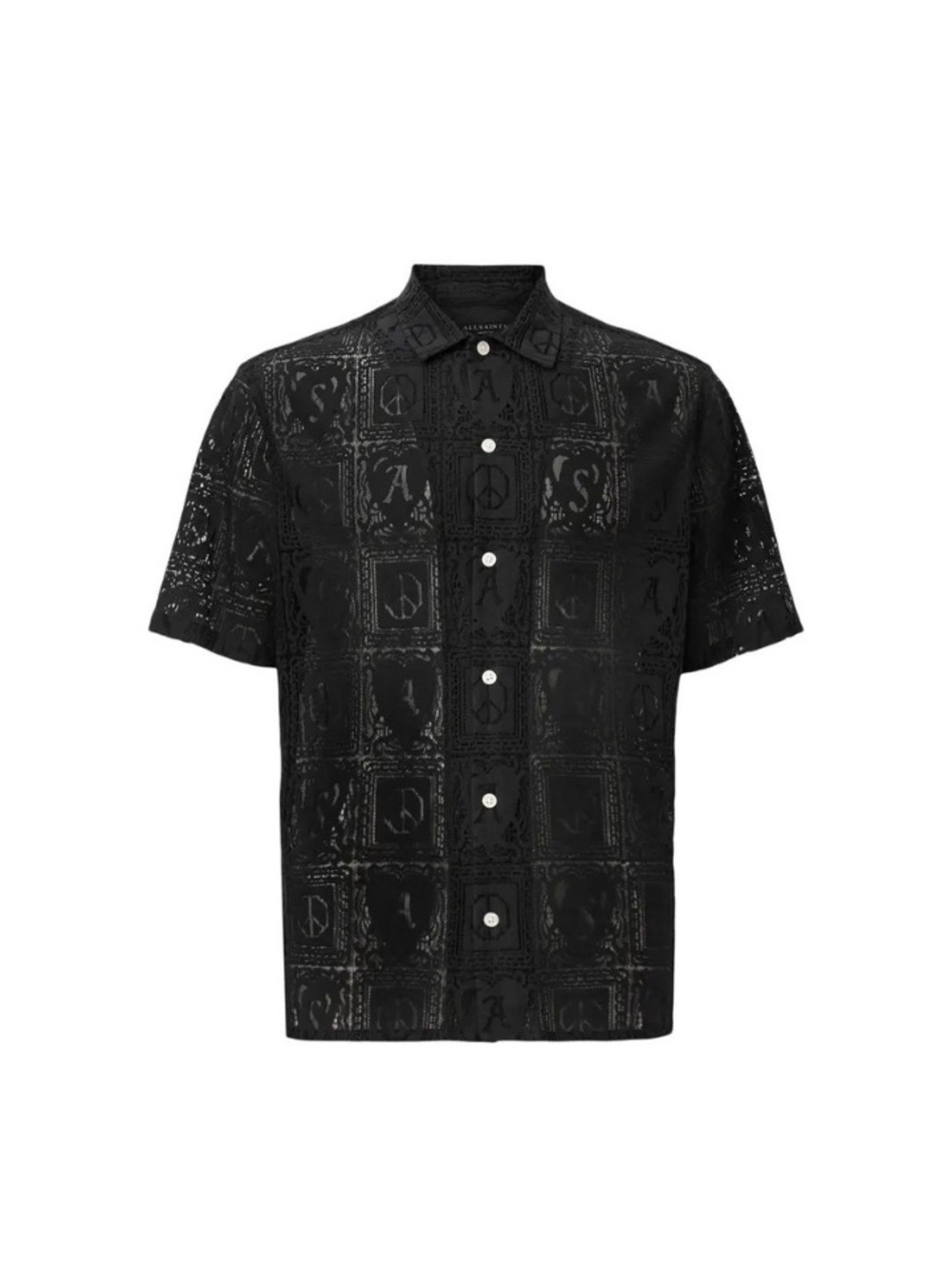 AllSaints Netley Lace Black Short-Sleeve Embossed Button-Down Shirt